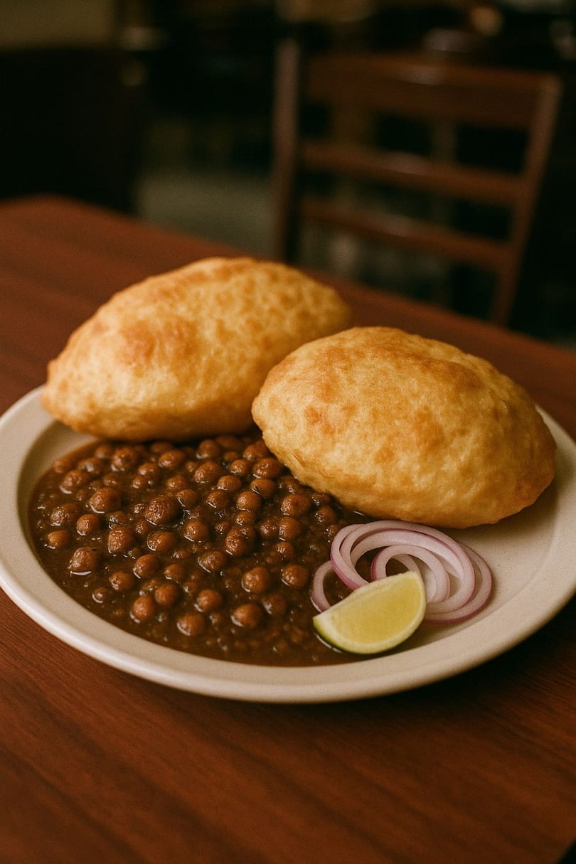 Two golden-brown Delhi Junction puri breads with chana masala, red onion, and a lime wedge.