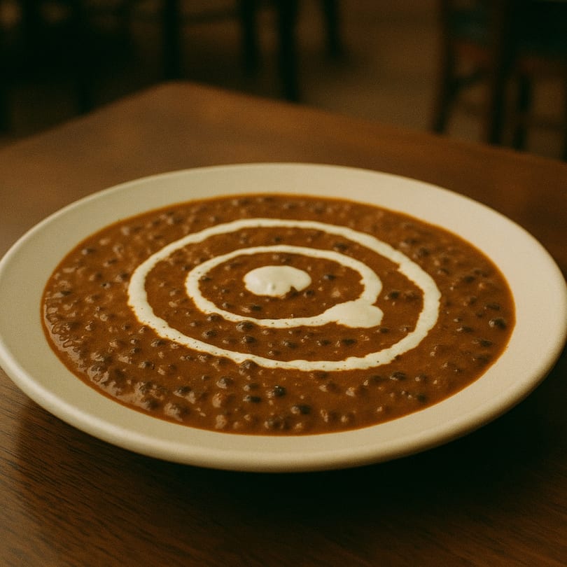 A white plate of Delhi Junction's creamy Indian Dal Makhani, garnished with a swirl of cream.