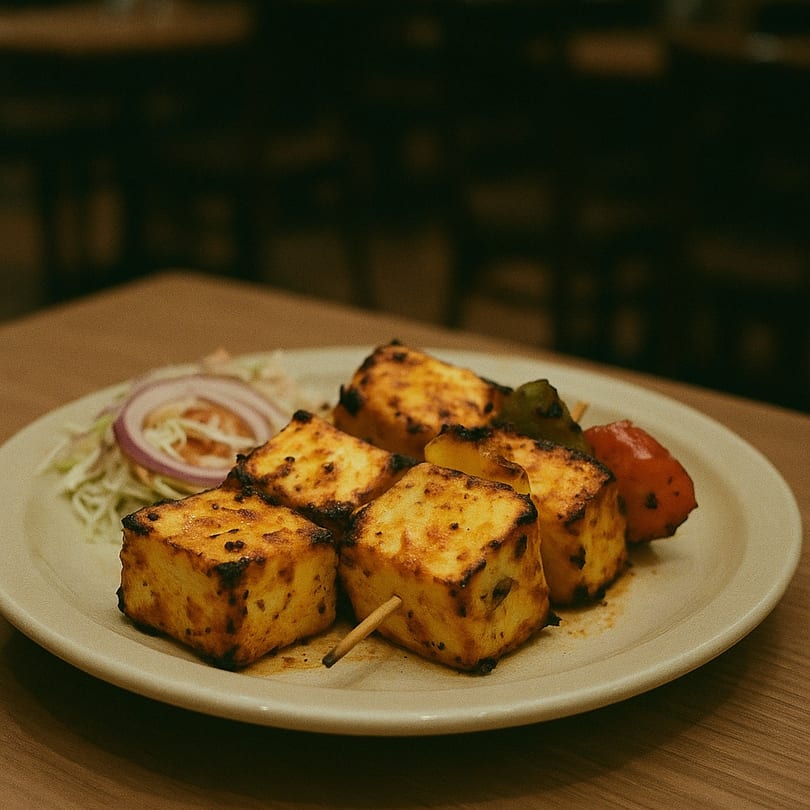 Grilled paneer tikka skewers with bell peppers, onions, and shredded cabbage on a white plate.
