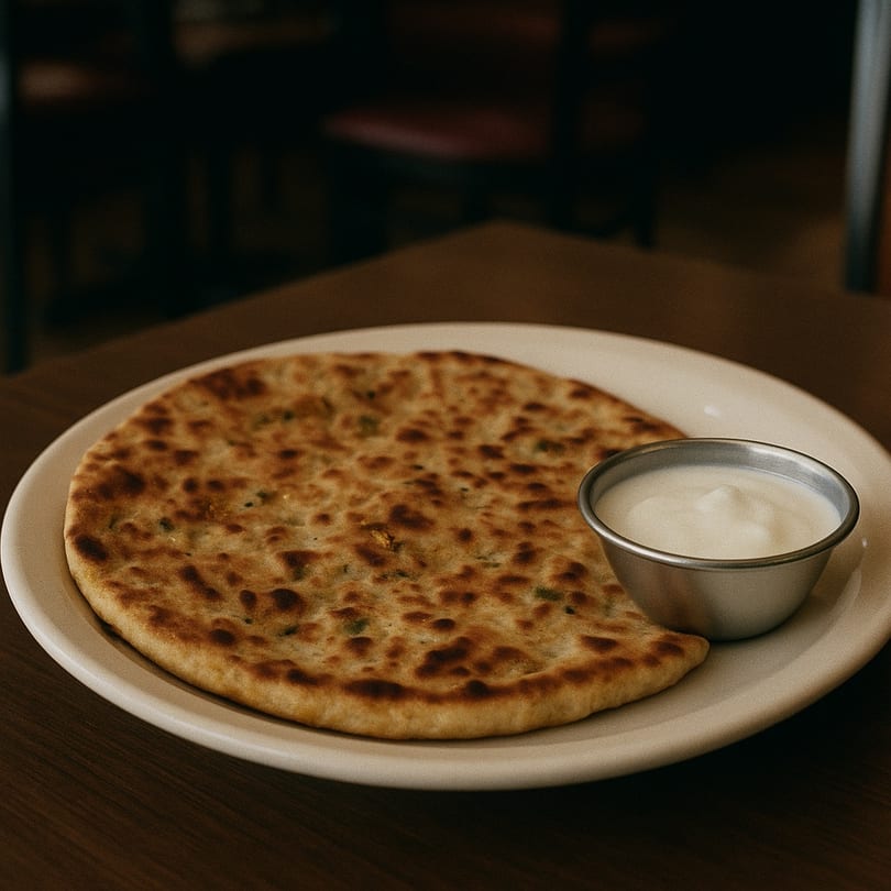 A Delhi Junction aloo paratha, a round flatbread, with a side of white raita on a white plate.